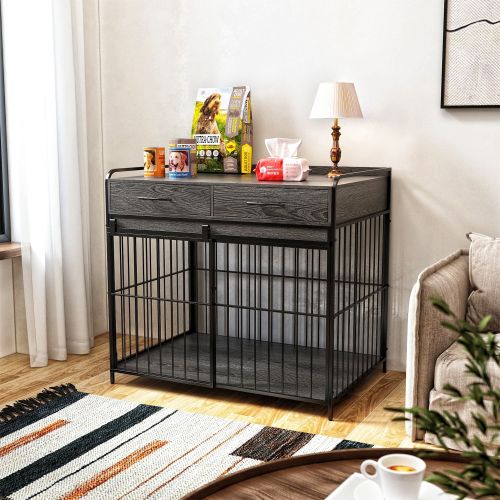 Large Dog Crate Furniture, Indoor Dog Kennel with Storage Drawers, Double Doors Dog Crate End Table Large, Heavy Duty Dog Crate